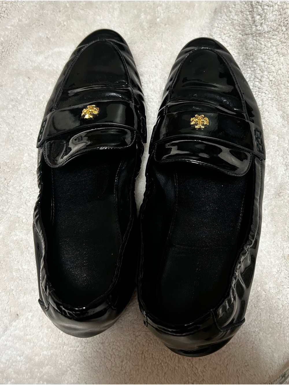 Tory Burch Black Patent Leather Slip-On Loafers with Gold Logo - Picture 2 of 7